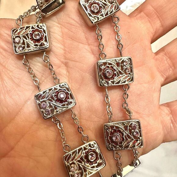 Charter club silver tone and pink rhinestone necklace - Picture 5 of 9